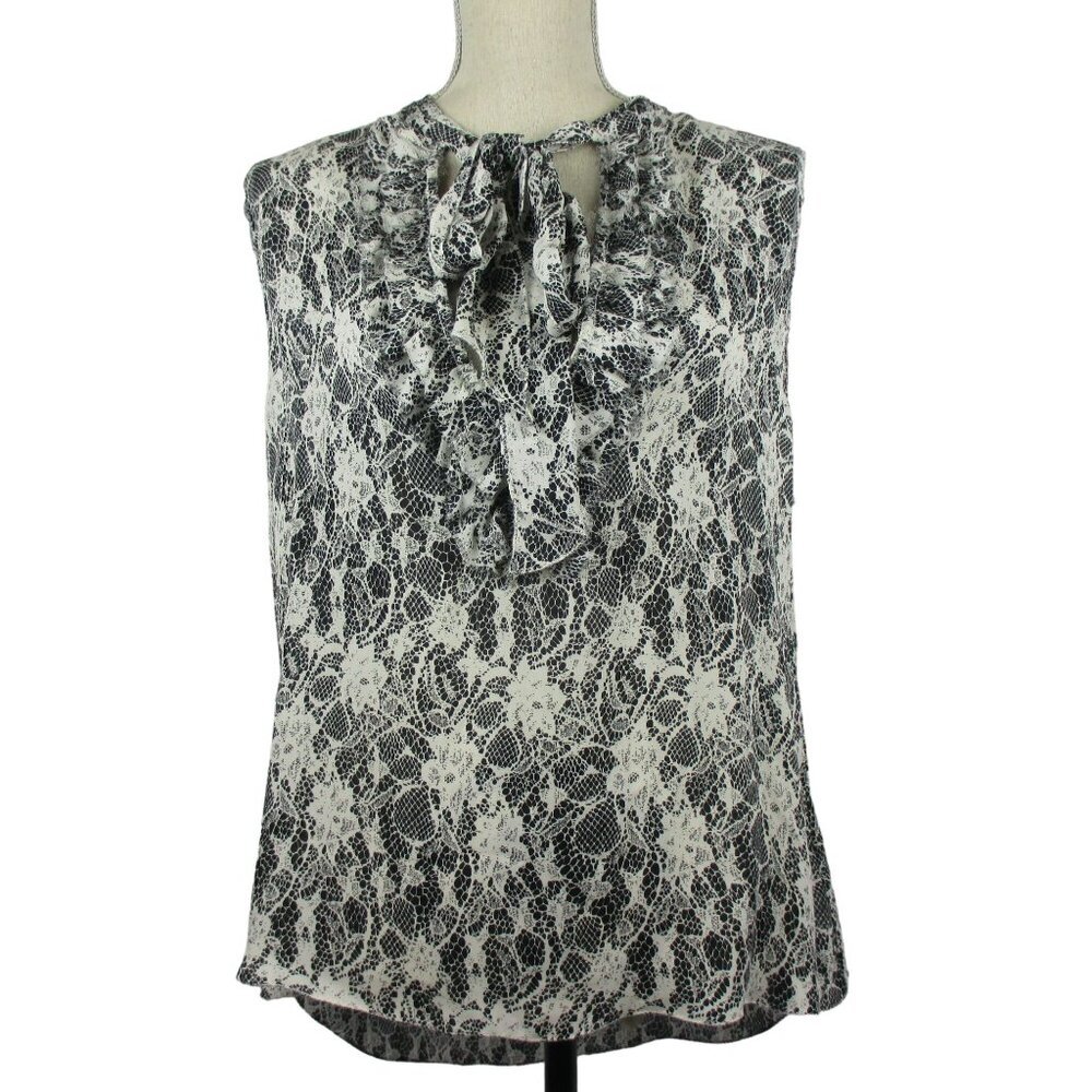 L’AGENCE Black White Floral Lace Print Silk Sleeveless Blouse Sz 10 $250 Demure